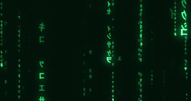 Yeşil matris biçimi ikili kod, azalan sayılar ekran arkaplan döngüsü üzerinde dijital ikili kod işleme, bilimsel bir teknoloji verisinin oluşturulması, kusursuz