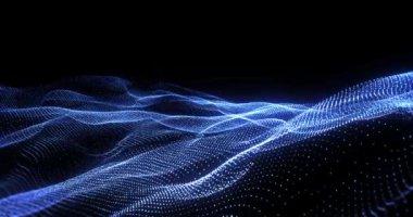 Gelecekçi hareket soyut mavi çizgiler ve noktalar yavaş yavaş siyah arkaplan, teknoloji ve siber güvenlik kavramında bir sıvı gibi yüzüyor,