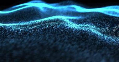 Gelecekçi hareket soyut mavi çizgiler ve noktalar yavaş yavaş siyah arkaplan, teknoloji ve siber güvenlik kavramında bir sıvı gibi yüzüyor,