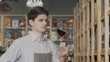 Şık bir önlük giymiş şık bir genç adam, davet ettiği şarap dükkanında nefis kırmızı şarabı tatmaktan zevk alıyor. Raflarla dolu ılık atmosfer, onun tutkusunu yansıtıyor.