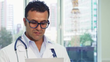 Gözlüklü kendine güvenen bir doktor gülümser ve elinde bir belge tutarak onaylar. Etrafı geniş pencereli parlak bir ofisle çevrili hastalarına yardım etmeye hazır profesyonellik ve ilgiyi somutlaştırıyor.