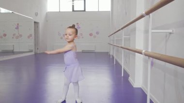 Büyüleyici küçük bir balerin, bir bale okulunun huzurlu atmosferiyle çevrili mor taytıyla zarif bir şekilde döner. Bu hoş sahne, dans ve yaratıcılığın ruhunu somutlaştıran, zarafetle dönen çocukluk sevincini yakalar.