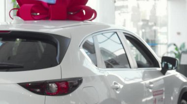 Işıl ışıl gülümseyen çekici bir kadın, kendine güvenen, büyük kırmızı bir fiyonkla süslenmiş, parlak beyaz bir otomobilin yanında duruyor. Heyecan ve beklenti dolu. Bu canlı sahne yeni bir araç seçmenin heyecanını yakalıyor.