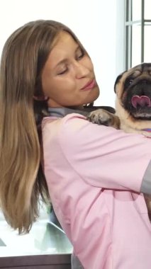 Yumuşak pembe bornozlu neşeli genç bir kadın sevgi dolu bir köpek beşiği ile samimi bağlarını gözler önüne seriyor. Pug renkli atkısı ve neşeli ifadesiyle mutluluk saçarken, parlak, havadar veteriner kliniği...