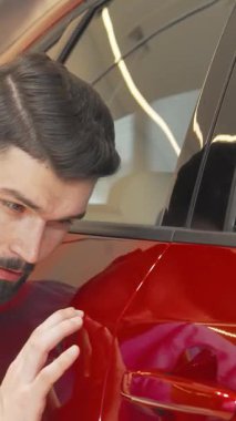 Şık sakallı neşeli bir adam parlak bir gülümseme sergiliyor ve bayilikte çarpıcı kırmızı bir arabayı incelerken başparmağıyla onaylıyor. Kendine güvenen duruşu ve neşeli ifadesi yeni bir araç seçmenin heyecan verici deneyimini yansıtıyor.