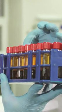 Son teknoloji ürünü parlak ve modern bir laboratuvarda koruyucu eldiven ve gözlük takmış genç bir laboratuvar çalışanı renkli numunelerle dolu canlı test tüplerini dikkatle inceliyor. Kararsızlığı ve kararlılığı