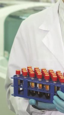 Gıcır gıcır beyaz önlük ve canlı mavi eldivenler giyen kendini işine adamış bir laboratuvar asistanı, her biri hayati hasta analizlerini temsil eden renkli test tüpleriyle dolu bir standı güvenle tutuyor. Bu dinamik sahne bilimin ruhunu özetliyor.