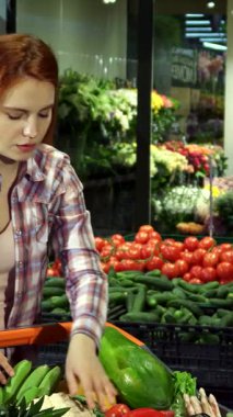 Canlı bir süpermarkette alışveriş arabasında renkli bir dizi taze sebze ve meyve organize eden canlı kızıl saçlı neşeli beyaz bir kadın. Etrafı olgun domatesler, gevrek salatalıklar ve yemyeşil çiçeklerle çevrili.