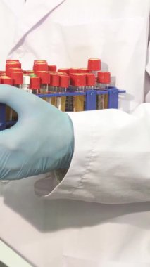 Kendini işine adamış beyaz önlüklü ve mavi lateks eldivenli bir erkek laboratuvar teknisyeni kesin veri girişi için renkli test tüplerini ustalıkla bir stanttan bilgisayara aktarıyor. Bu canlı sahne teknoloji ve biyolojinin uyumunu özetliyor.