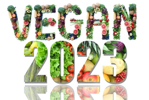 Vegan 2023 Ovoce Zeleniny Luštěnin Ořechů — Stock fotografie