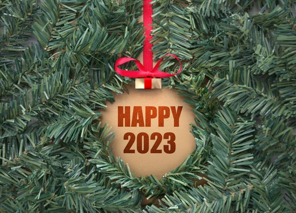 Happy 2023 Banner Bauble Shape Space Made Using Christmas Tree — Stock Photo, Image
