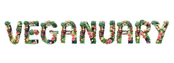 Vejetaryen Kelime Başlığı Çeşitli Meyve Sebze Fındık Nabız Kullanarak Beyaz — Stok fotoğraf