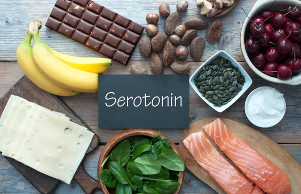Serotonin Godt Humør Mad Koncept Herunder Paranødder Mørk Chokolade Kirsebær - Stock-foto
