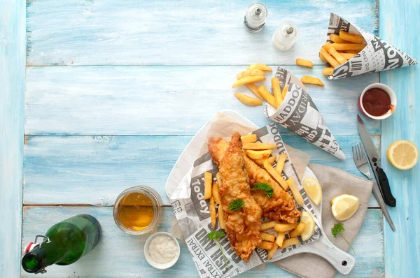 Traditional Fish Chips Takeout Wrapped Newspaper Beer — Stock Photo, Image