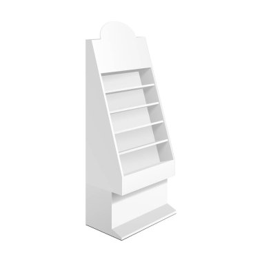 Mockup Karton Perakende Raflar Süpermarket Boş Boş için Zemin Ekran Raf. Alay Et. 3d Beyaz Arka Plan İzole. Tasarımınız için hazır. Ürün Reklam. Vektör Eps10