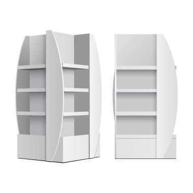 Mockup 3D Set Of Cardboard Retail Shelves, Floor Display, Rack For Supermarket. Mock Up. Isolated On White Background. Ready For Your Design. Product Advertising. Vector EPS10