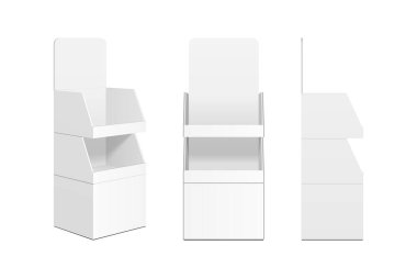 Mockup Karton Perakende Rafları Boşluk Süpermarket Rafları için Görüntü Dizisi. Model Yukarı. Beyaz Arkaplanda 3D İzole Edildi.