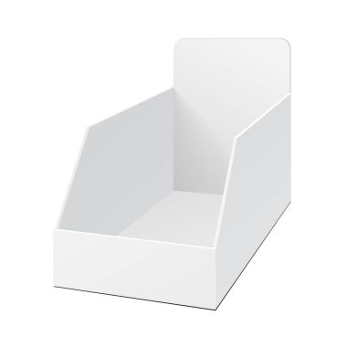 Mockup POS POI Karton Boş Ekran Gösterisi Broşürleri, Broşürleri, Broşürleri İlan Etmek İçin Kutusu Tutucusu. Beyaz arka planda izole edilmiş bir resim. Tasarımınız için Şablonu Hazırlayın.