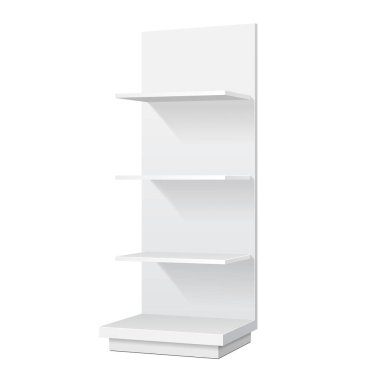 Mockup Blank Empty Showcase Display With Retail Shelves. Perspective View 3D. Illustration Isolated On White Background. Mock Up Template Ready For Your Design. Product Advertising. Vector EPS10