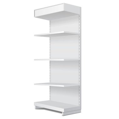 Mockup Blank Empty Showcase Display With Retail Shelves. Perspective View 3D. Illustration Isolated On White Background. Mock Up Template Ready For Your Design. Product Advertising.