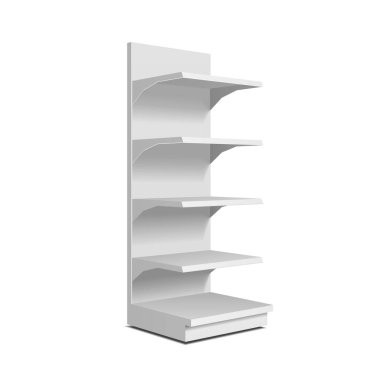 Blank Empty Showcase Display With Retail Shelves. Perspective View 3D. Illustration Isolated On White Background. Mock Up Template Ready For Your Design. Product Advertising. Vector EPS10