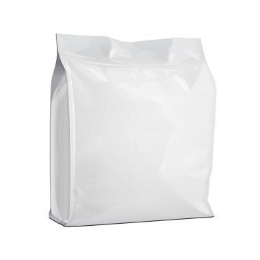 Mockup Blank Foil ya da Paper Food Stand Up Poşet Sachet Paketi. Beyaz arka planda izole edilmiş bir resim. Model Model Şablonu Tasarımınıza Hazır. Vektör EPS10