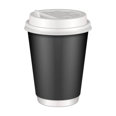 Mockup Black Blank Disposable Paper Cup With Lid. Container For Cold Or Hot Drink Coffee, Java, Tea, Cappuccino. Illustration Isolated On White Background. Mock Up Template Ready For Your Design.