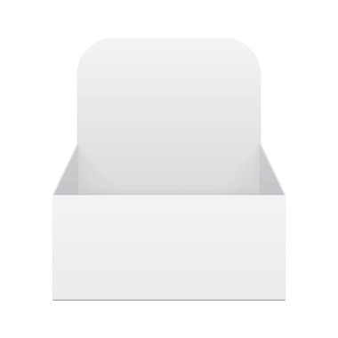 Mockup POS POI Karton Boş Ekran Gösterisi Broşürleri, Broşürleri, Broşürleri İlan Etmek İçin Kutusu Tutucusu. Beyaz arka planda izole edilmiş bir resim. Tasarımınız için şablonu hazırlayın. Vektör EPS10