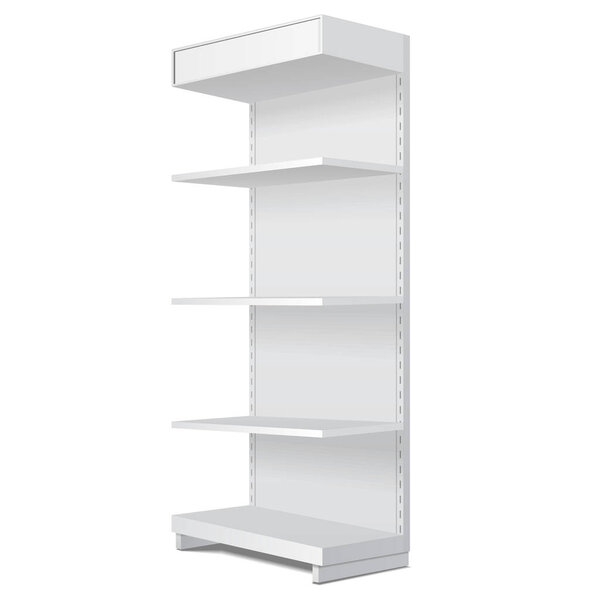 Макет пустой витрины с полками магазинов. Перспективный вид 3D. Иллюстрация изолирована на белом фоне. Составьте шаблон Ready для вашего дизайна. Реклама продукции.