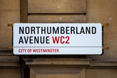 Londra, İngiltere - 23 Mart 2023: Londra, İngiltere 'de Northumberland Bulvarı sokak tabelasına yakın çekim.