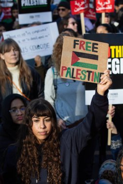 Londra, İngiltere - 11 Kasım 2023: Londra, İngiltere 'deki Filistin yanlısı protesto mitinginde Özgür Filistin tabelası tutan protestocu.