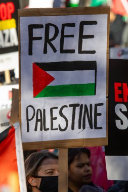 Londra, İngiltere - 11 Kasım 2023: Londra, İngiltere 'deki Filistin yanlısı protesto mitinginde Özgür Filistin tabelası tutan protestocu.