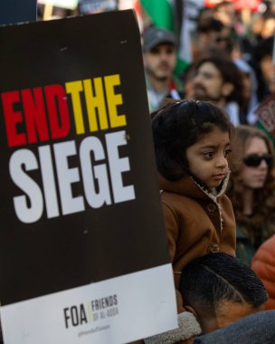 Londra, İngiltere - 11 Kasım 2023: Londra 'nın merkezinde düzenlenen Filistin yanlısı protesto mitinginde genç protestocu.