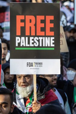 Londra, İngiltere - 11 Kasım 2023: Londra 'nın merkezinde düzenlenen Filistin yanlısı protesto mitinginde protestocu.