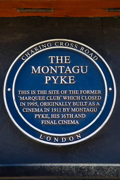 stock image London, UK - January 15th 2024: Plaque on The Montagu Pyke pub on Charing Cross Road in London, detailing the history of the building when it used to be the Marquee Club.