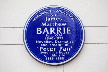 London, UK - February 5th 2024: Blue Plaque on a building on Grenville Street in London, UK, marking where the creator of Peter Pan - Sir James Matthew Barrie lived. clipart