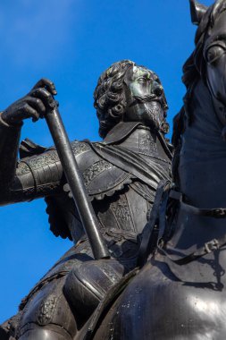 London, UK - February 19th 2024: Close-up of the statue of King Charles I, at Trafalgar Square in London, UK. The location of the statue is considered to be the central point of London. clipart