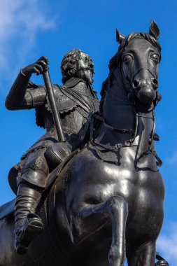 London, UK - February 19th 2024: Statue of King Charles I, at Trafalgar Square in London, UK. The location of the statue is considered to be the central point of London. clipart