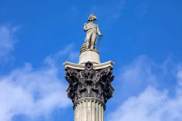 stock image London, UK - February 19th 2024: The sculpture of Vice-Admiral Horatio Nelson ontop of Nelsons Column, located at Trafalgar Square in London, UK.