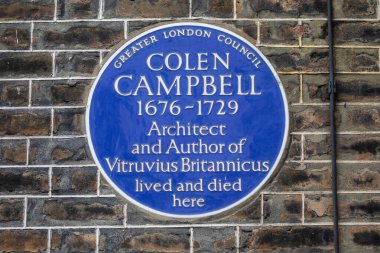 London, UK - February 26th 2024: A blue plaque on a building on Brook Street in London, marking where architect and author Colen Campbell lived and died. clipart