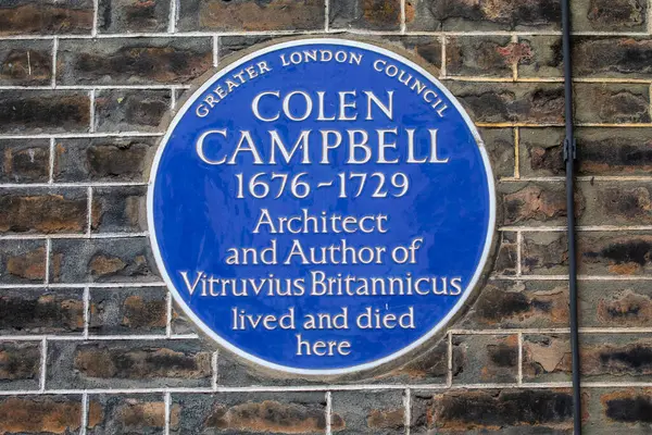 stock image London, UK - February 26th 2024: A blue plaque on a building on Brook Street in London, marking where architect and author Colen Campbell lived and died.