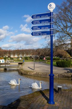 Stratford-Upon-Avon, UK - February 12th 2024: Signpost showing the mileages via rivers and canals to various UK cities at Bancroft Basin in Stratford-Upon-Avon, UK. clipart