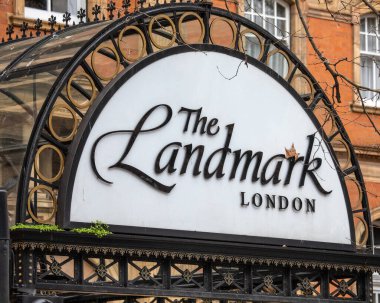London, UK - March 4th 2024: Sign above the entrance to The Landmark Hotel, located on Marylebone Road in London, UK. clipart