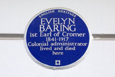 London, UK - March 18th 2024: A blue plaque on Wimpole Street in London, marking where colonial administrator Evelyn Baring lived and died. clipart