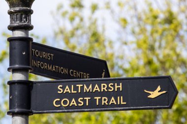 Essex, UK - April 10th 2023: A signpost showing visitors the direction of the Saltmarsh Coast Trail in the town of Maldon in Essex, UK. clipart
