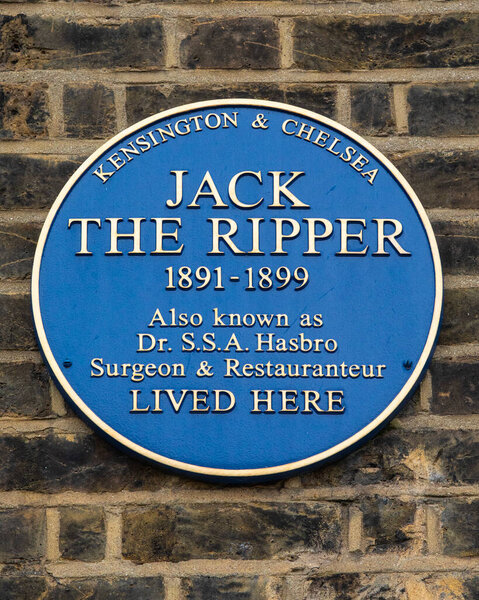 London, UK - March 30th 2023: Close-up of a completely false and untrue Jack the Ripper plaque in Kensington, London, UK.  Probably put up as a joke by somebody.