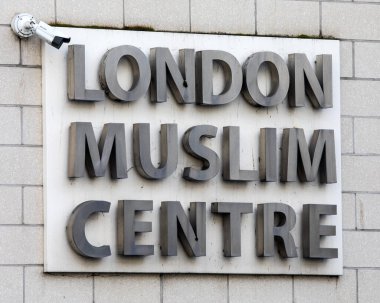 London, UK - March 2nd 2023: Sign on the exterior of the London Muslim Centre, located on the Whitechapel Road in London, UK. clipart