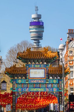 London, UK - April 20th 2023: A view of the Chinatown Gate with the BT Tower in the background, in London, UK. clipart