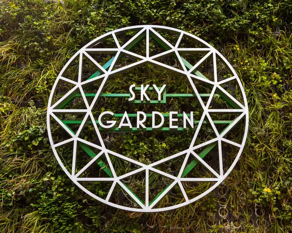 stock image London, UK - April 20th 2023: Sky Garden sign on the exterior of 20 Fenchurch Street, also known as the Fenchurch Building, or the Walkie Talkie building in London, UK.