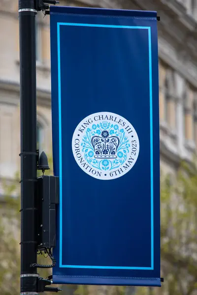 stock image London, UK - April 30th 2023: A banner at Trafalgar Square in London, UK, in preparation for the Coronation of King Charles III.